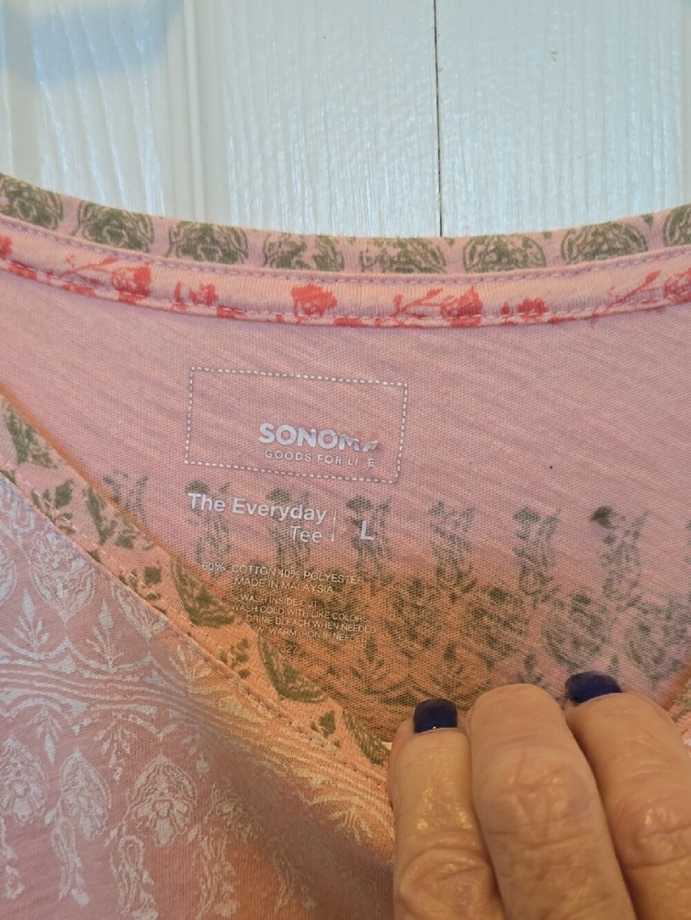 Sonoma Pink Scoop Neck Tee with Olive and Coral Print Stripes - Picture 2 of 3